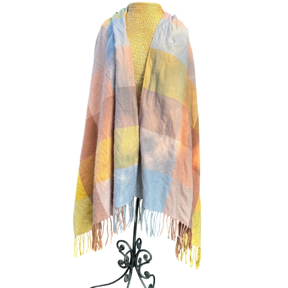 Oversized Plaid Blanket Scarf Wrap Shawl Fringed Yellow Peachโ Grey